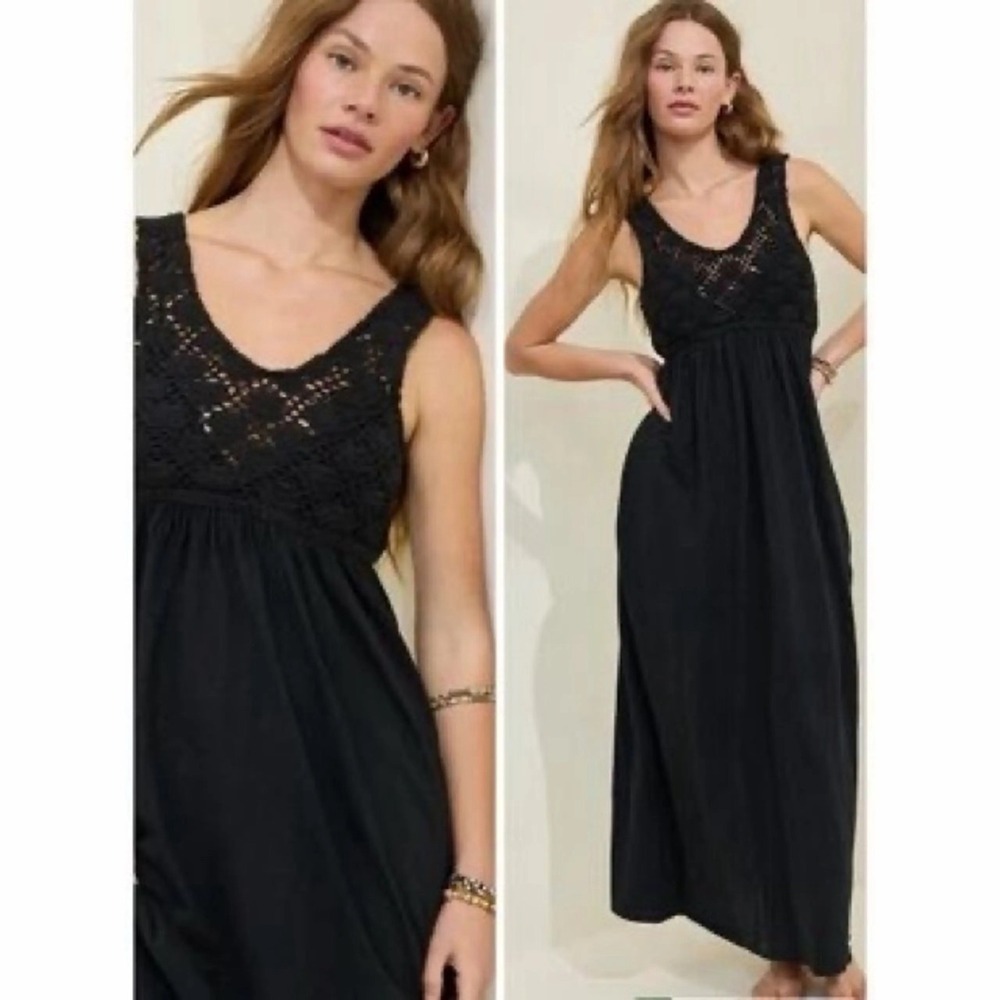 Aerie XL Maxi Dress Black Crochet Bodice Sleeveless Boho Summer Pocketed Resort